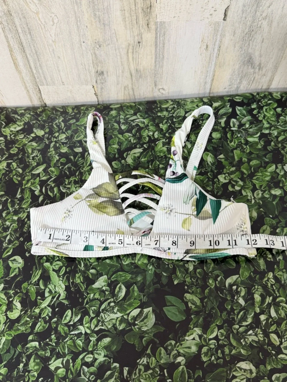 TiniBikini White Bikini Top with Green Leaf Trim